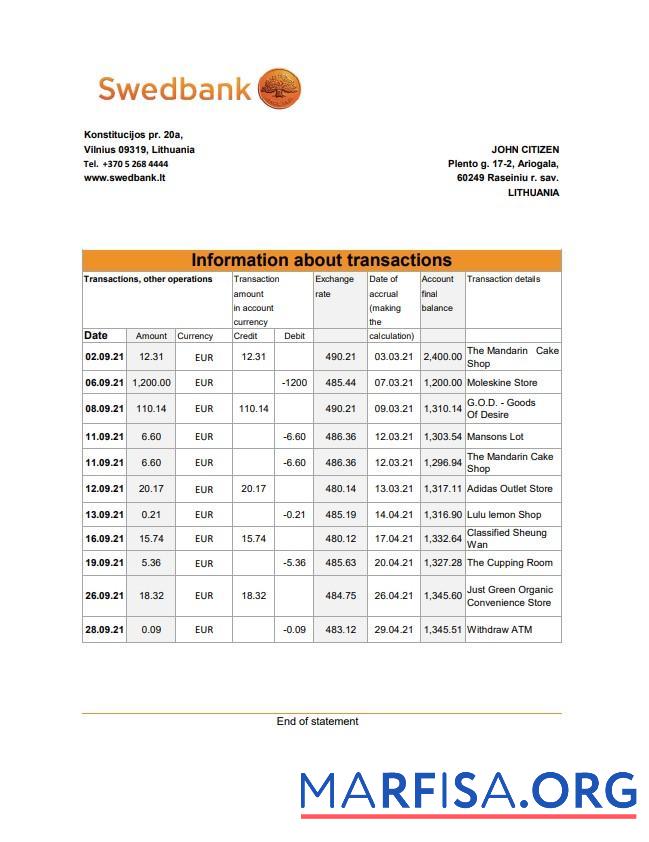 Printable Lithuania Swedbank bank statement excel example